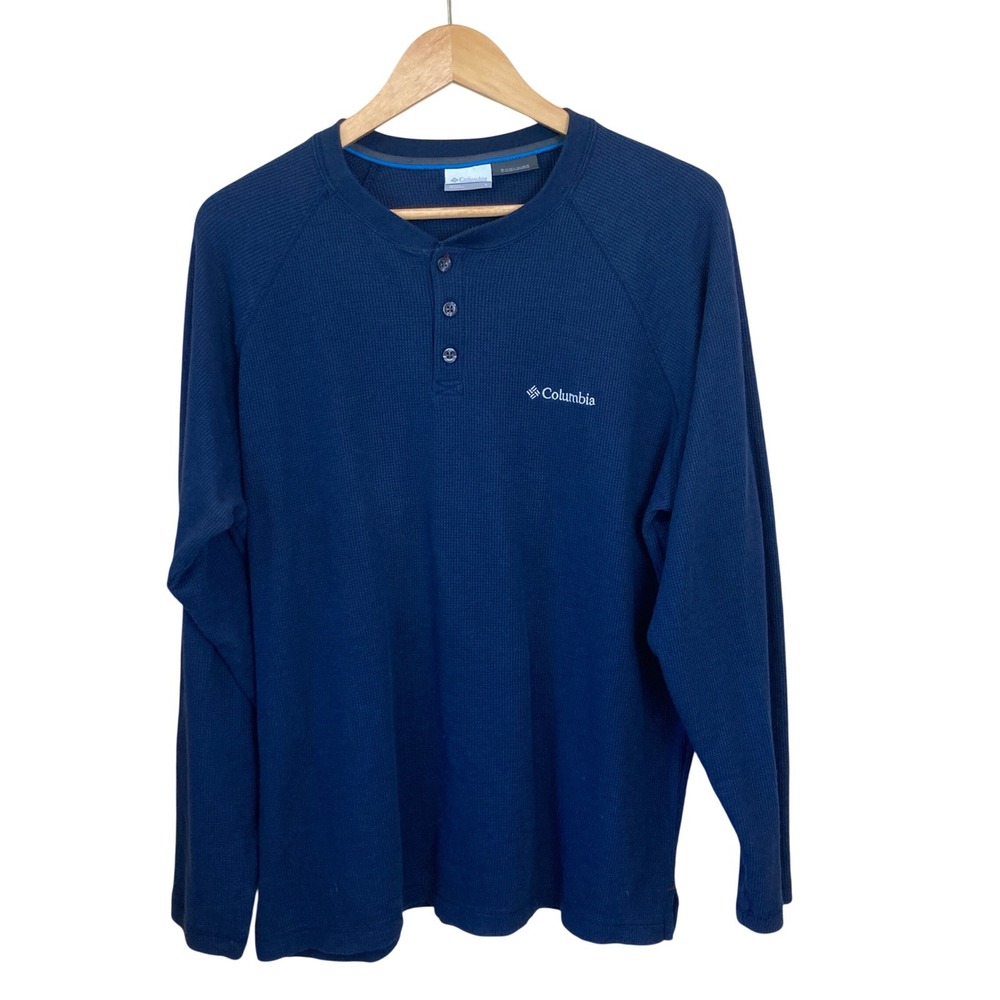 Columbia Mens Shirt Large L Navy Blue Omni-Wick Waffle Knit Henley AM6906